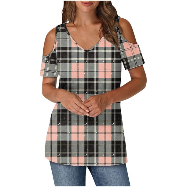 Puntoco Liquidación de blusas cortas para mujer, blusas estampadas para mujer, blusas de manga corta con escote en V y hombros descubiertos, blusas de moda