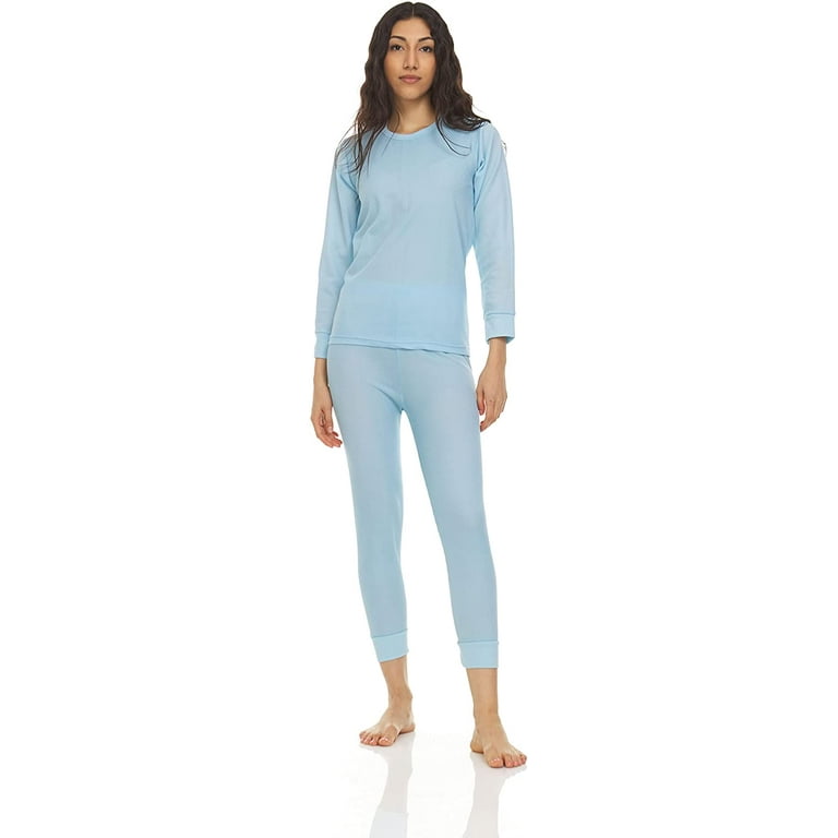 3 Pack of 2pc Thermal Sets for Women, Base Layer Long Johns Underwear, Top  & Bottom, Cotton, (Large, Light Blue)