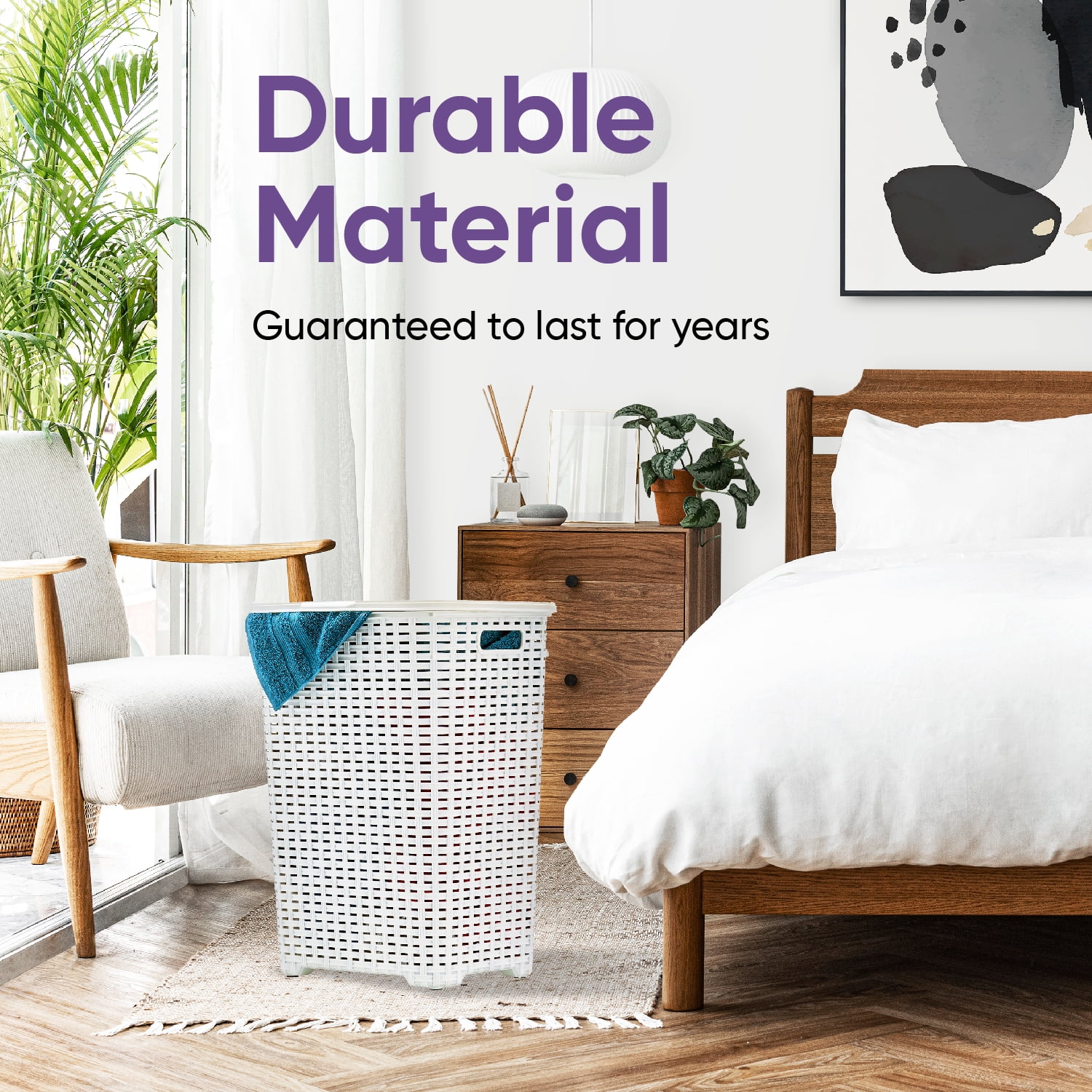 Laundry Basket, Laundry Hamper with Lid, Large 60-liter Wicker Style Hamper with Cutout Handle, to Storage Dirty Clothes in Washroom, Bathroom, Bedroom, or Dorm Room, White Color. By Superio