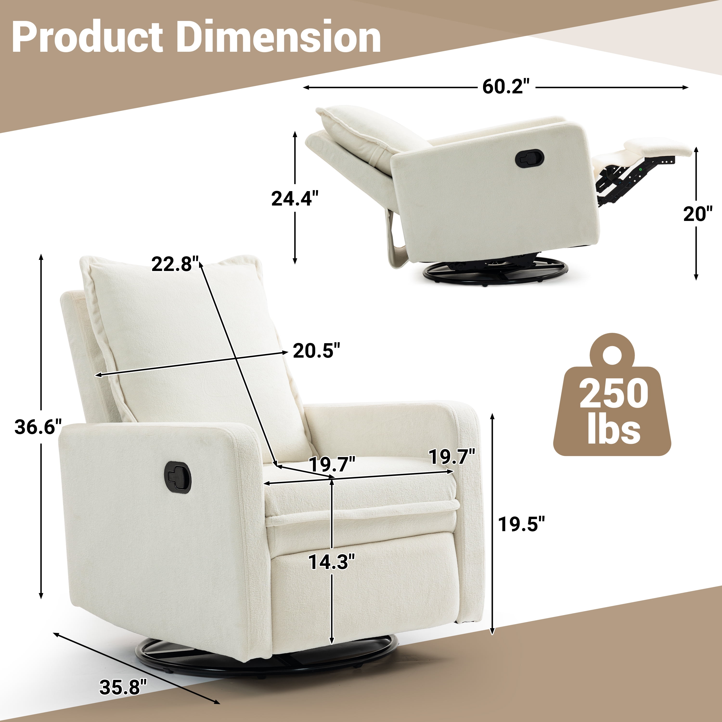 Paproos Swivel Rocker Recliner, Velvet 360°Swivel Rocking Recliner, Glider Rocking Chair for Nursery, Small Rocker Chair for Small Space, Manual Recliner for Adults for Home Theater, White