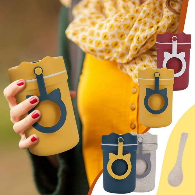 Vaso de Viaje con Cuchara, Portátil para Microondas, con Asa Aislante, Gran Capacidad para Cereales y Leche, Cuchara con Pajita Fácil de Limpiar, Ideal para Estudiantes, Tamaño 7 X 7,6 X 12