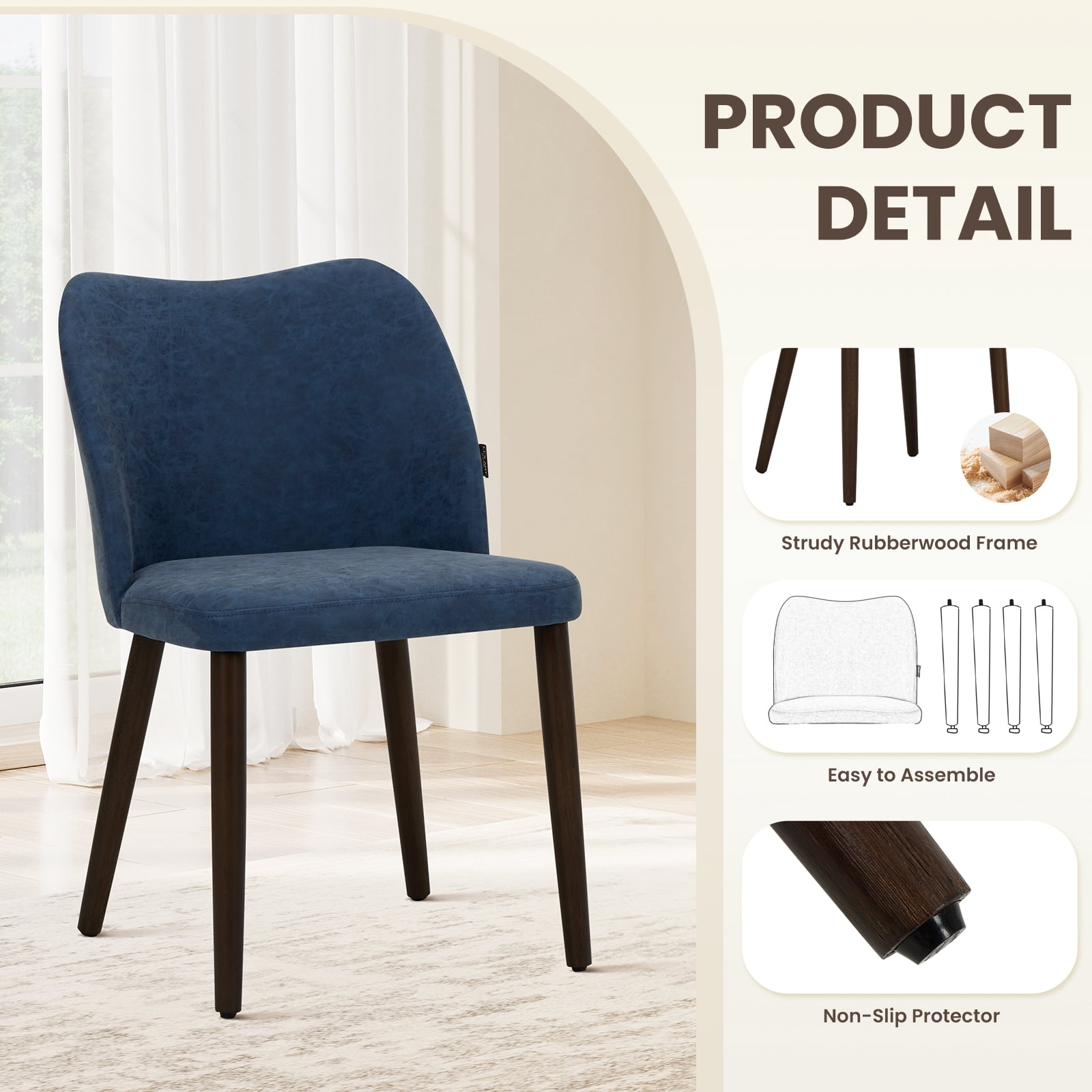 EOP Upholstered Dining Chairs Set of 2, Mid Century Modern Dining Room Chairs, Fabric Farmhouse Dining Side Chairs with Wood Legs, Armless Kitchen Chairs with Wingback, Blue