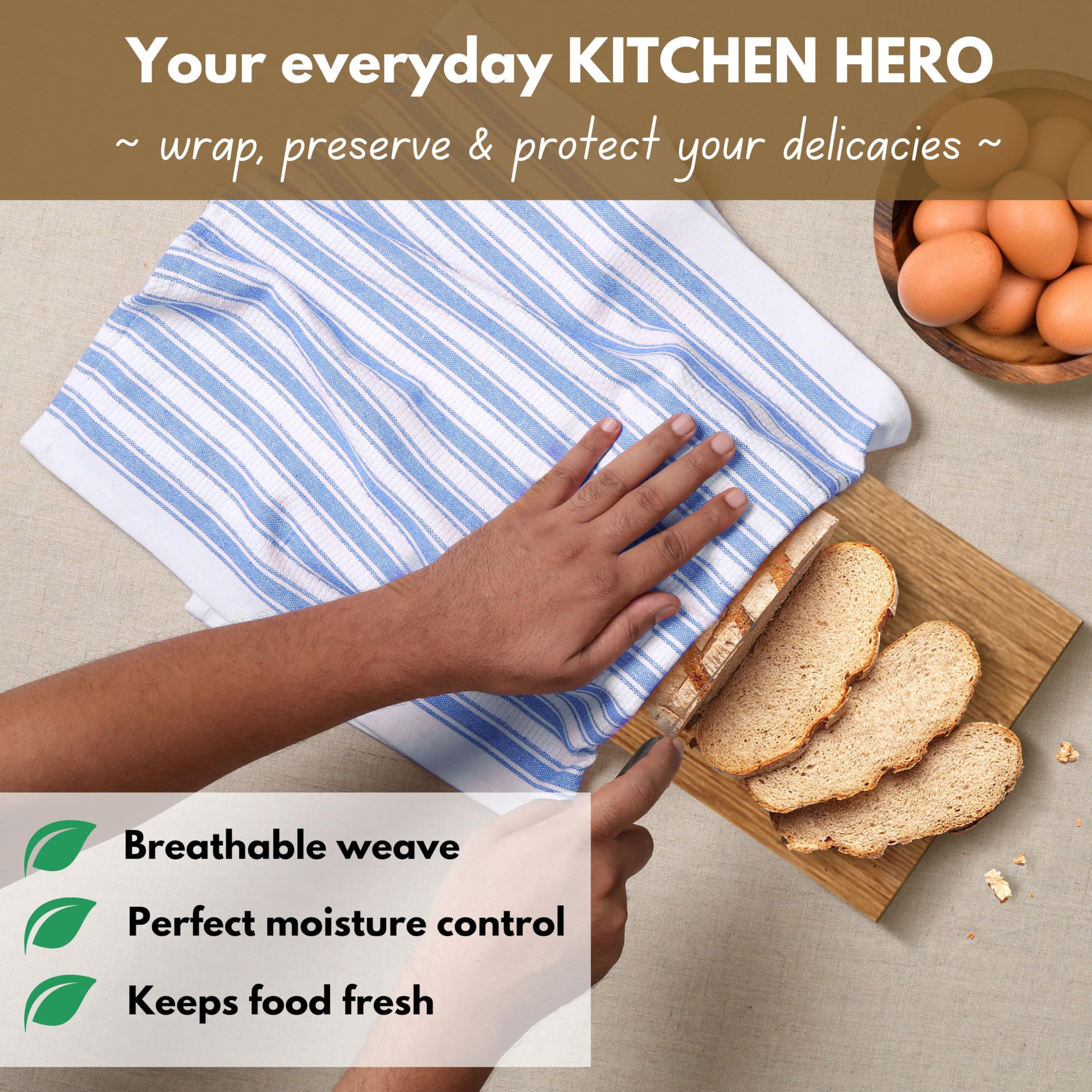 Native Fab Striped Kitchen Towels Set of 12, 100% Cotton, 16"x26", Quick Dry Dish Cloths, Sky Blue White