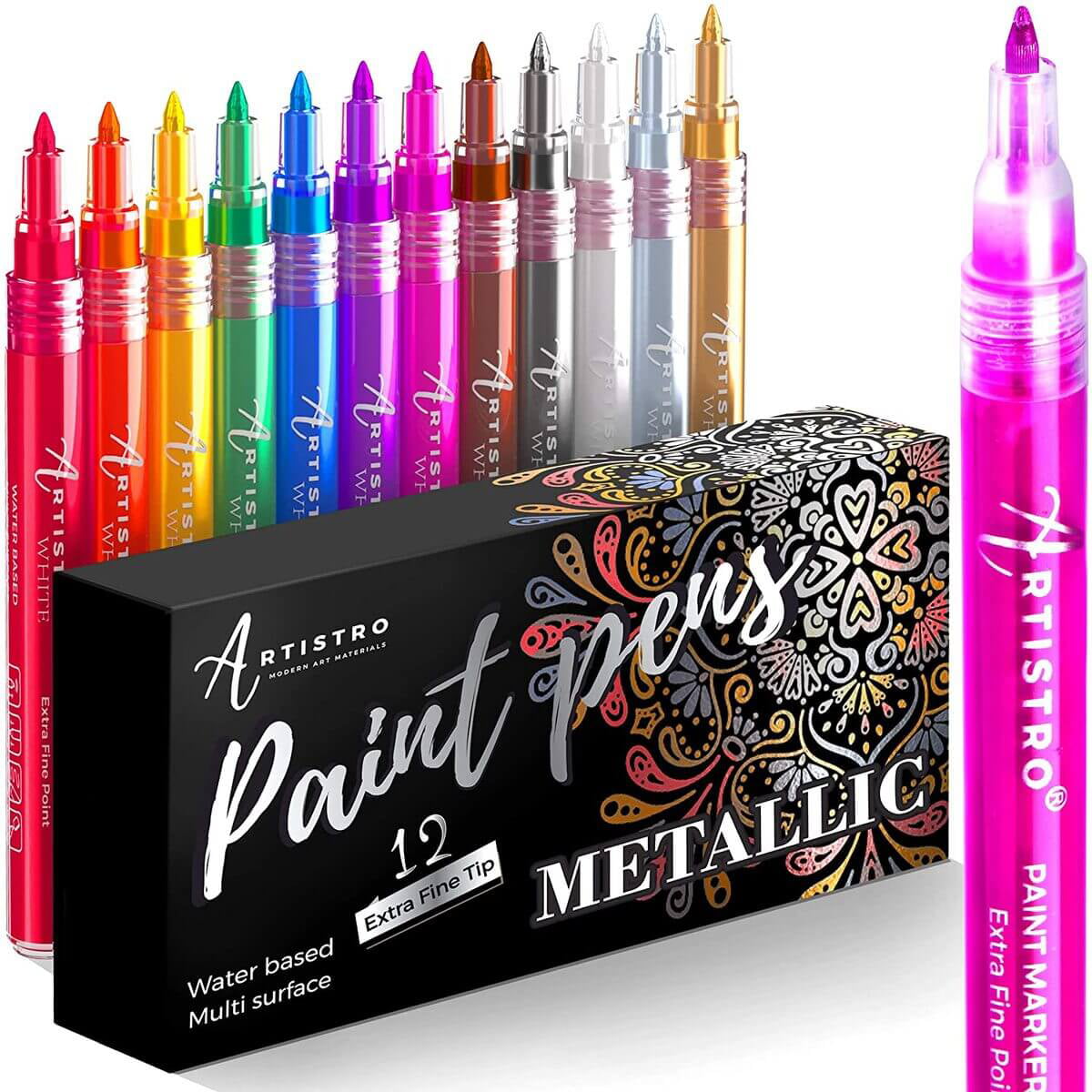 Glass Metal Ceramic Ideal for Pebbles Fabric Gain-Art Acrylic Paint Pens 3mm Rock Painting Markers 12 Pack Reversible Tip Wood 