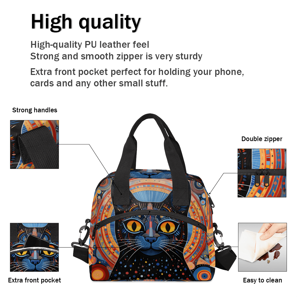 Herdesigns Boho Cat Insulated Lunch Bag for Women Men Adults Large Reusable Lunch Box Ethnic Cat Leakproof Cooler Tote Bags with Adjustable Shoulder Strap