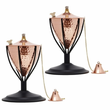 Legends Direct Set of 2, Amsterdam Premium Metal Tabletop Outdoor Torches for Patio, Lawn and Garden - Tiki Style Metal Torch /w Snuffer, Fiberglass Wick & Large 32oz Oil Lamp (Hammered Copper)