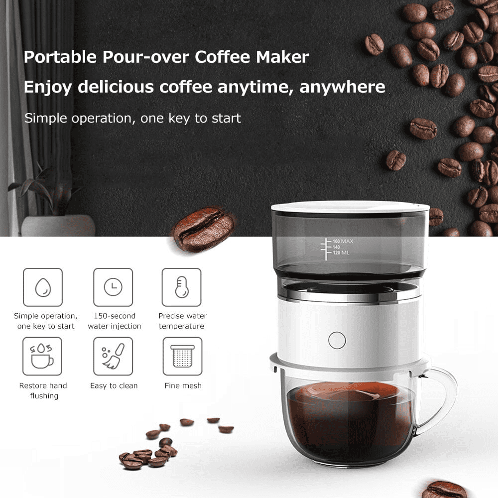 AOLIGEI Electric Hand Drip Coffee Pot Portable Mini Coffee Maker with Double-layer Filter, Paperless Brewing On-the-GoWhite