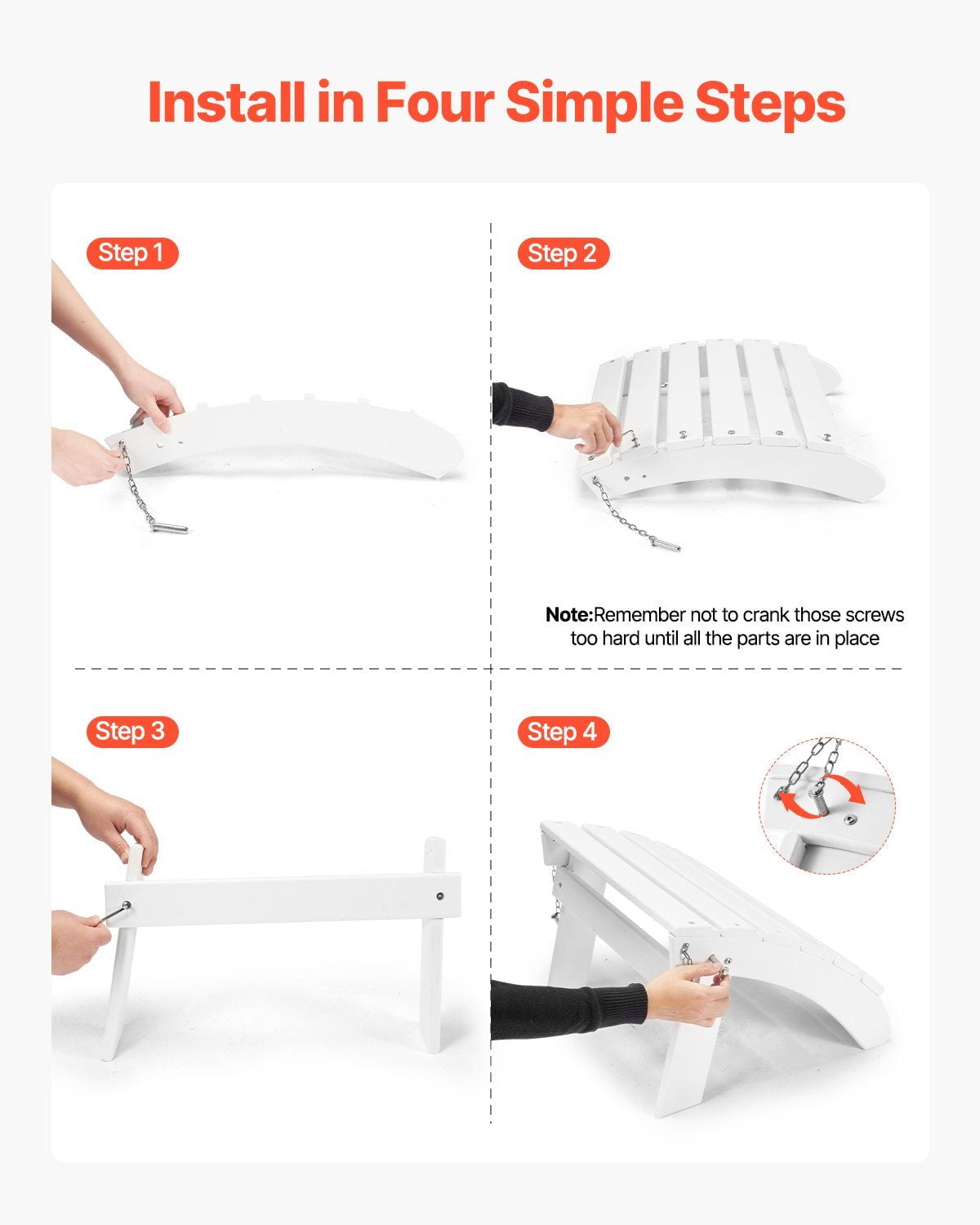 White Folding Ottoman for Adirondack Chair, 17.7L x 19.7W x 13.8H Inch HDPE Plastic, All-Weather Outdoor Foot Rest for Porch, Backyard, Pool and Lawn
