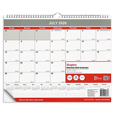 2026-2027 Staples 15" x 12" Academic Monthly Wall Calendar, White/Red/Gray (ST62816-27)