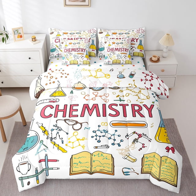 Chemistry 7 Piece Comforter Set Full Bed in a Bag,Science Educational Bedding Sets Chemical Equation Sheet Set with Comforter,Test Tube Microscope Chemical Equipment Bed Set