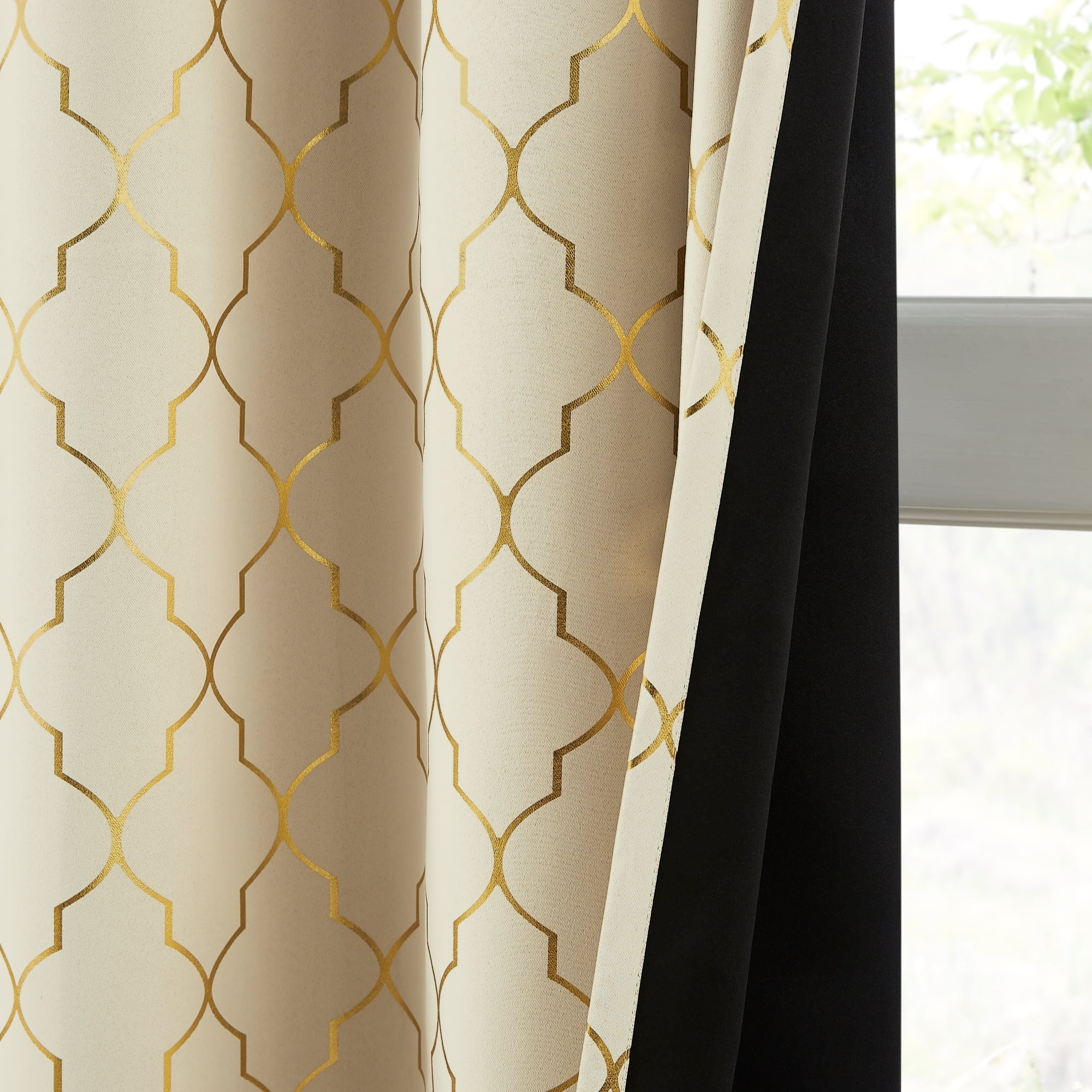 Bohogeo Moroccan Full Blackout Curtain Panels for Bedroom,Thermal Insulating Room Darkening Beige Drapes with Gold Geometric Metallic Print,Grommet Window Treatment,52" Wx63 L(Pack of 2),Beige/Gold