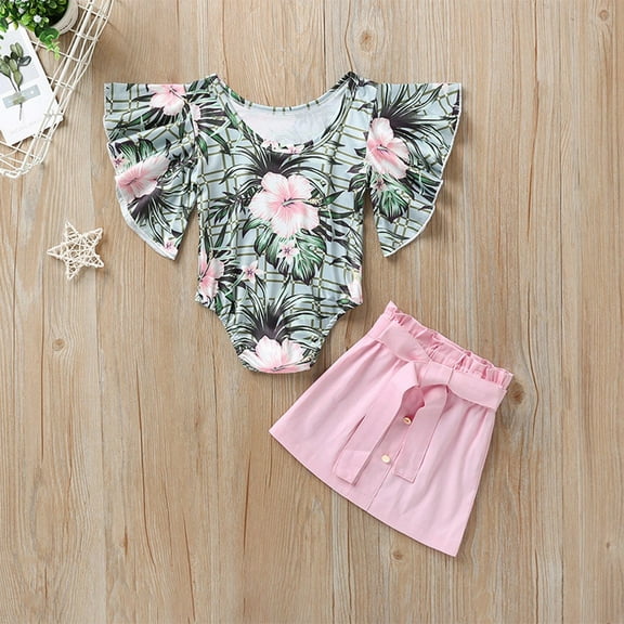 AURIGATE Baby Girl Clothes Skirt Baby Clothing Infant Girls Trumpet Sleeve Floral Triangular Romper Skirt Set