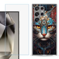 For Samsung Galaxy S25 Ultra 5G Phone Case Cover with Tempered Glass Screen Protector, by OneToughShield - Cyberpunk Cat