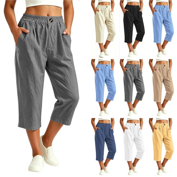 Bloomae Casual Capri Pants for Women Summer Button Elastic Waisted Cropped Pants Baggy Lightweight Comfy Wide Straight Leg Trousers with Pockets