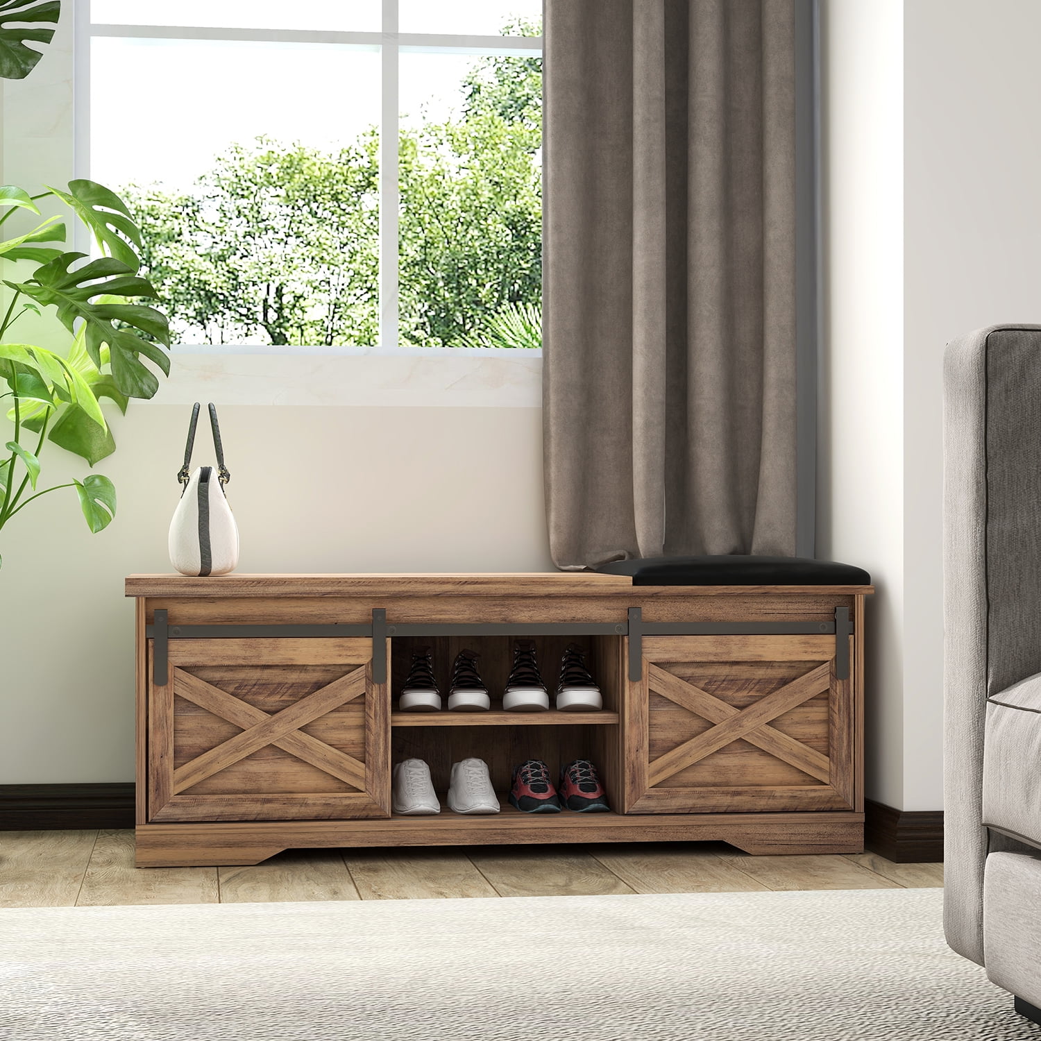 Kadyn 47 Inch Modern Farmhouse Sliding X Barn Door Litterbox Bench, Particle Board Shoe Bench with Entry Cutout, Light Brown Bench for Entryway Bedroom Kadyn 47 Inch Modern Farmhouse Sliding X Barn Door Litterbox Bench, Particle Board Shoe Bench with Entry Cutout, Light Brown Bench for Entryway Bedroom