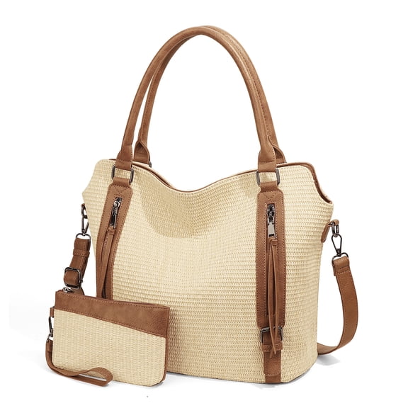 Women Natural Straw Shoulder Tote Large Capacity Handwoven Hobo Purse for Travel Shopping Daily (Brown)