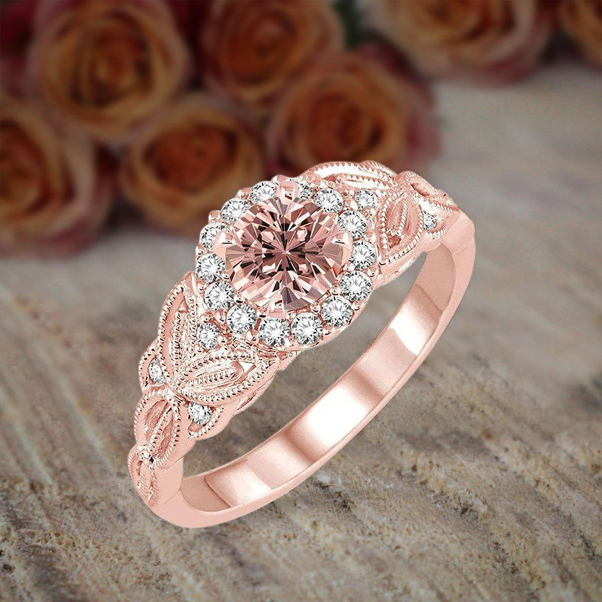 Diamond Engagement Ring 10k Rose Gold Jewelry 1.25 Carat Peach Pink Morganite Round Cut Morganite 