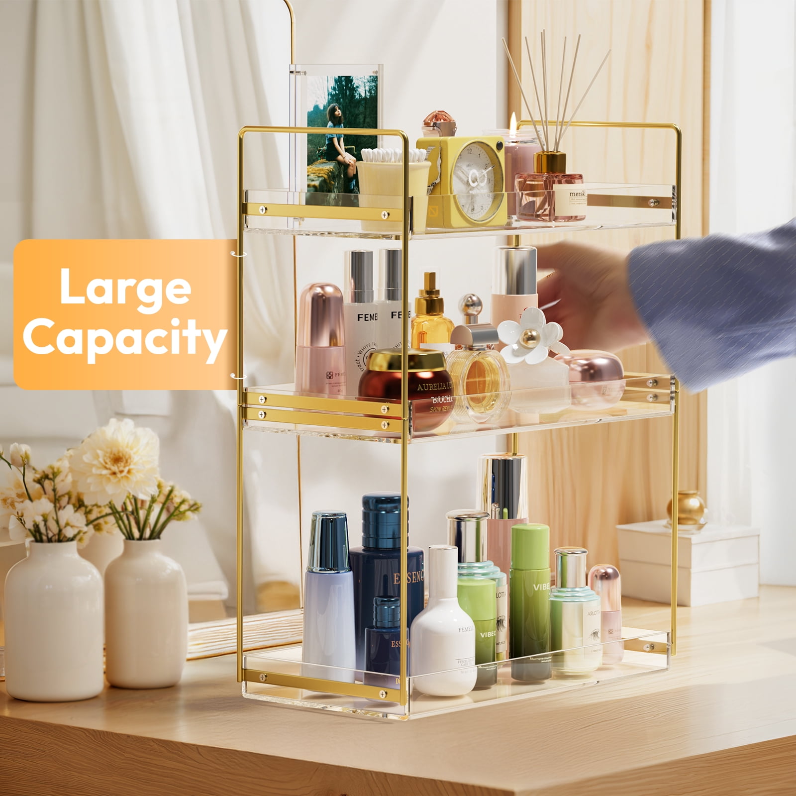 NIUBEE 3-Tier Acrylic Bathroom Organizer, Chic Easy Assembly Bathroom Sink Shelf, Large Space Storage Holder for Lotions & Makeup, Perfume, Spice, Gold