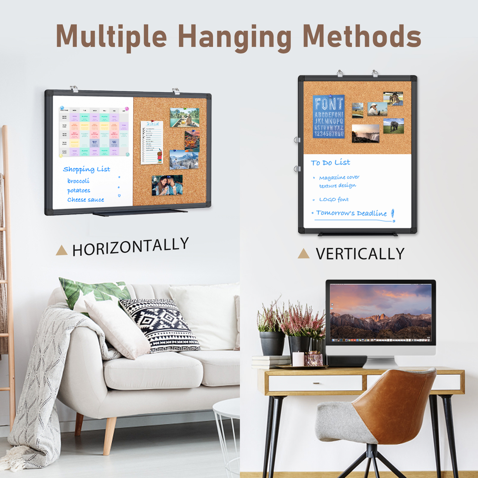 Combination White Board & Bulletin Cork Board Whiteboard Magnetic, Combo Dry Erase Board with Aluminum Frame Hanging Message Board Wall Mounted (24x18inch Black)