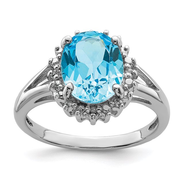 925 Sterling Silver Rhodium Light Swiss Blue Topaz and Diamond Ring