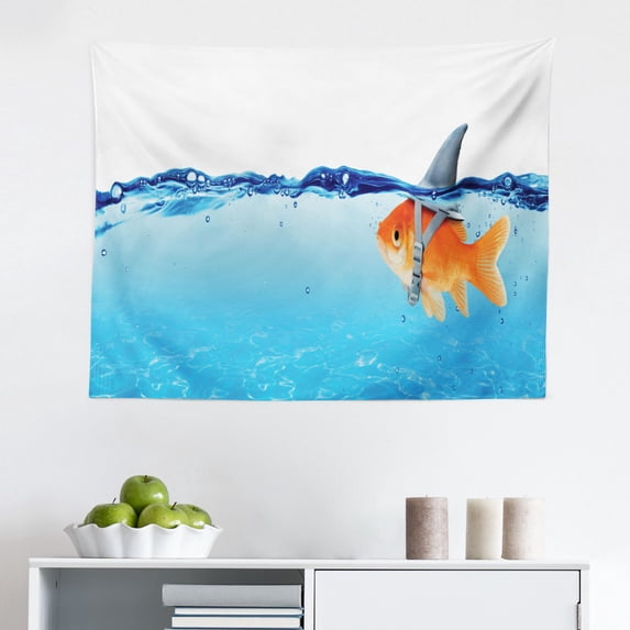Goldfish Tapestry, Goldfish Sketchy Graphic on The Background of an Orange Circular Spot, Fabric Wall Hanging Decor for Bedroom Living Room Dorm, 2 Sizes, Orange and Dark Brown, by Ambesonne