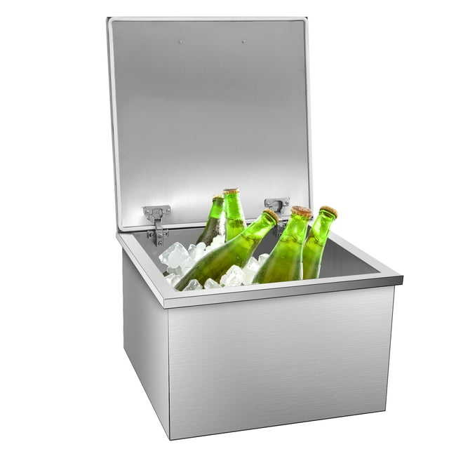 Drop in Ice Chest, 60 Quart Stainless Steel Ice Cooler, Commercial Ice Bin with Hinged Cover, Drain-Pipe Set Included, for Outdoor Kitchen Patio Ice Bar, Cold Wine Beer, Parties, BBQ