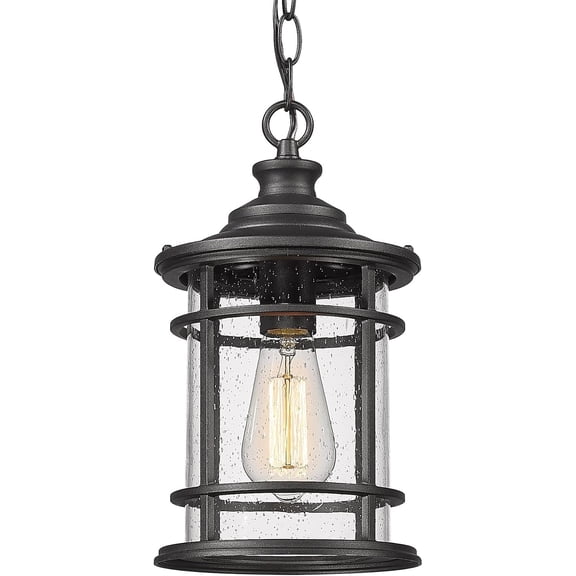 Emliviar Outdoor Hanging Light - 12.4" Pendant Lantern for Front Porch, Seeded Glass Shade in Black Finish, XE229H BK