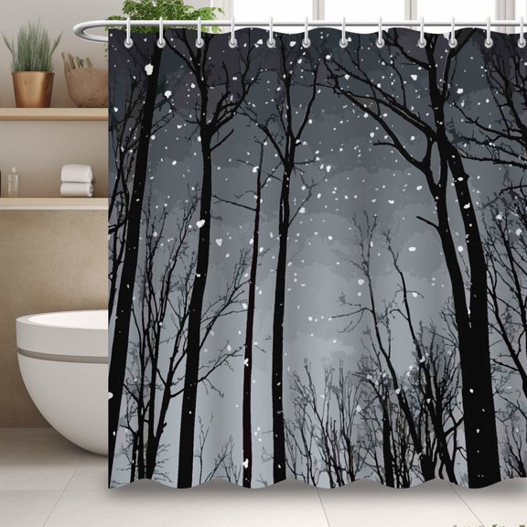 Modern Minimalist Shower Curtain, Forest Print Shower Curtain, Simple Bathroom Decor with 12 Hooks
