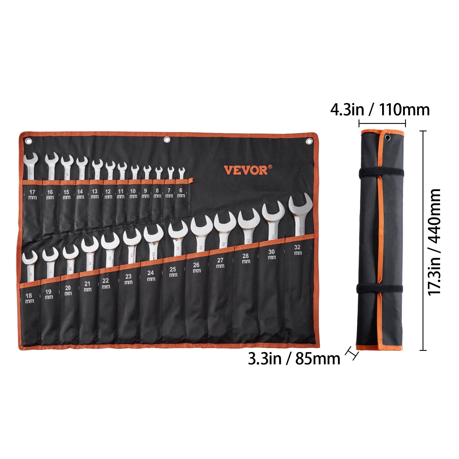 VEVOR Combination Wrench Set, 25-Piece Open End Wrench Set with Roll-up Pouch, Carbon Steel Wrench Set Metric 6 mm to 32 mm, Ideal for General Household, Garage, Workshop, Auto Repairs, Emergency