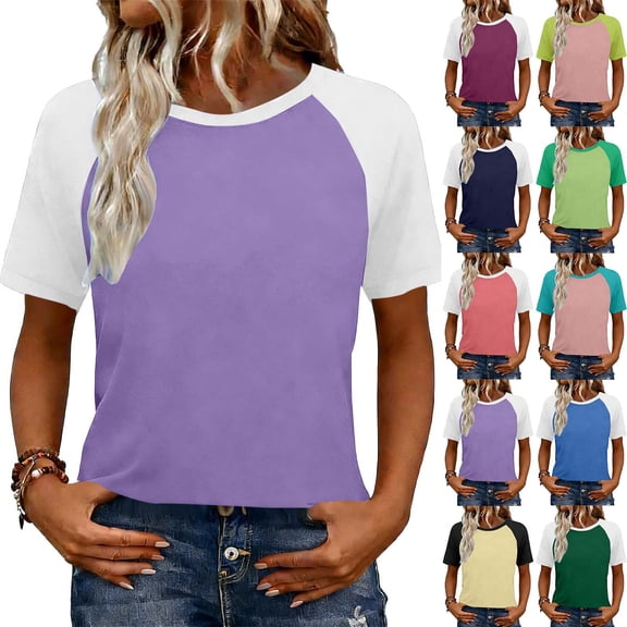 Raglan Shirt Women Fashion Trendy Short Sleeve Casual Womens Baseball Tee Shirts with Color Block Yellow