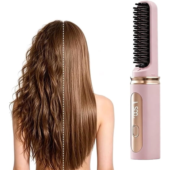 Cordless USB Rechargeable Mini Hair Straightener Brush, Travel Straightening Comb with 4 Heat Settings Negative Ion Anti-Scald