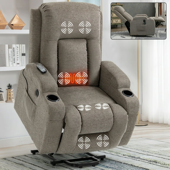Power Lift Recliner Chair for Elderly,Heavy Duty Infinite Position Recliner Chair with 8-Point Vibration Massage and Lumbar Heating,USB Charging Port, Cup Holders,Brown