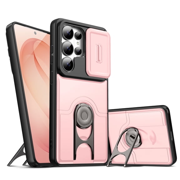 for Samsung Galaxy S25 Ultra Magnetic Case with Ring Bracket Stand & Sliding Camera Lens Cover, Stylish Shockproof Protective Hybrid Anti-drop Phone Cover for Samsung Galaxy S25 Ultra, Pink