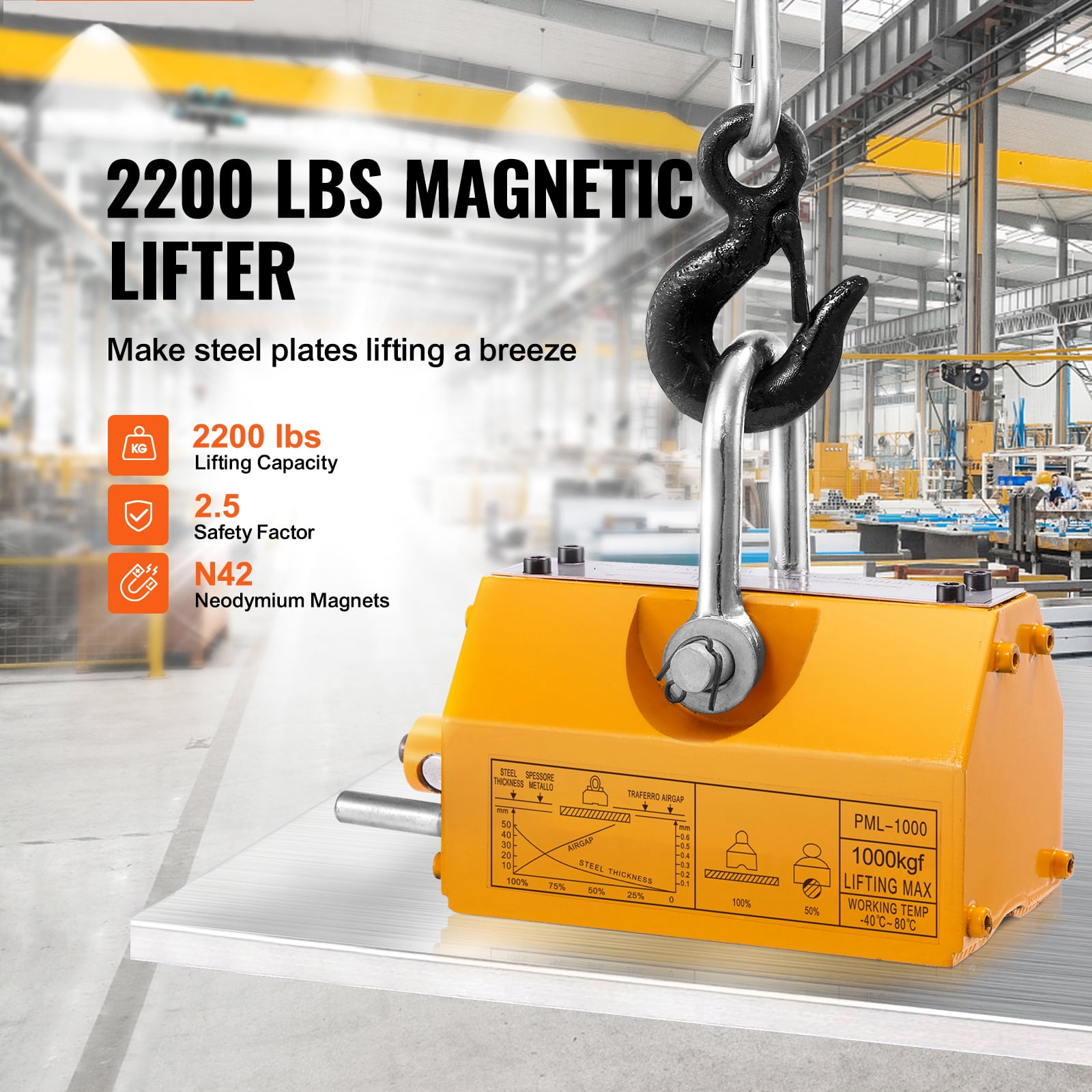 KFFKFF Heavy Duty Hoist, Pulling Force of 2200lbs/1000kg, Safety Factor of 2.5, Constructed from Neodymium & Steel, Equipped with Release Function, Permanent Lifting Magnets, Robust Magnet for Hoist