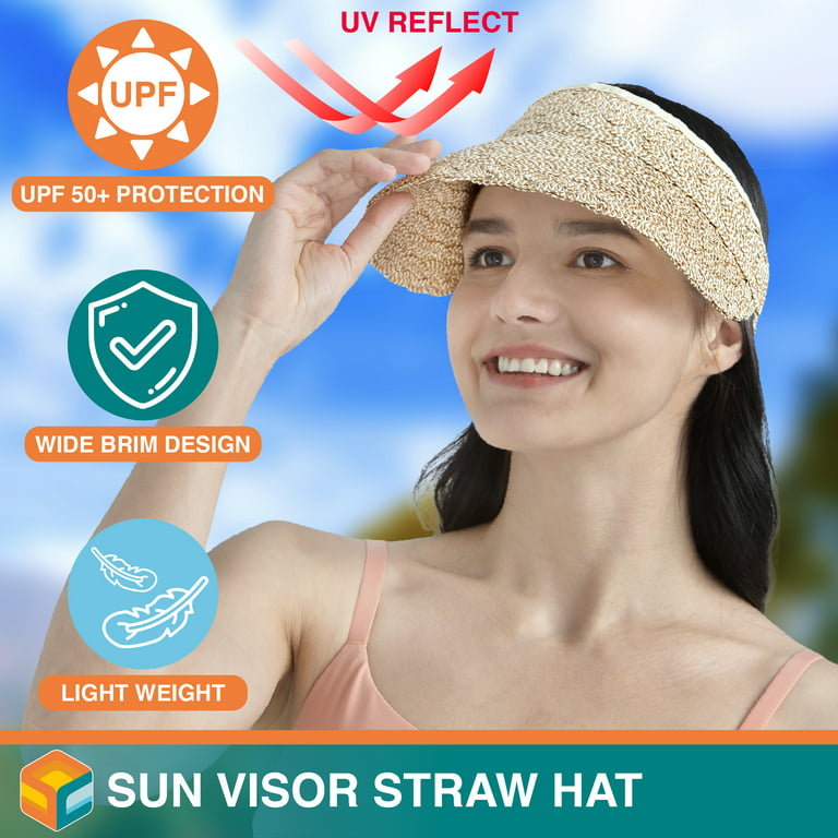 SUN CUBE Women Sun Visor Hat, Straw Beach Hat Wide Brim Visor UV