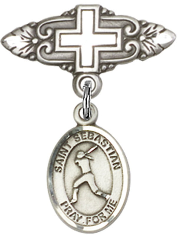 Sterling Silver Baby Badge Cross Pin with Charm 3/4 Inch 