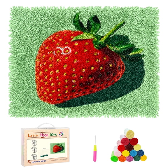 DIY Rug Latch Hook Kits Red Strawberry Stamped Non-slip Mat Crochet Yarn Hook and Latch Emboridery Tapestry for Home Floor Decoration Pet Warm Cushion 52x38cm(4)