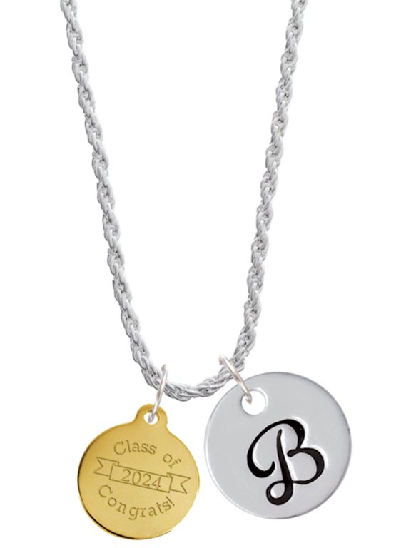 Goldtone Engraved Class of 2024 Silvertone Script Initial Disc - B - Charm Necklace, 20"+3"