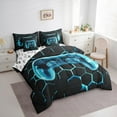thumbnail image 3 of jejeloiu Kids Gamepad Controller 7-Piece Bedding Comforter Set,Console Gamer Gaming King Bedding Sets,Cyan Hexagon Bed Sheets For Boy,Microfiber Bedroom Decor Reversible, 3 of 8