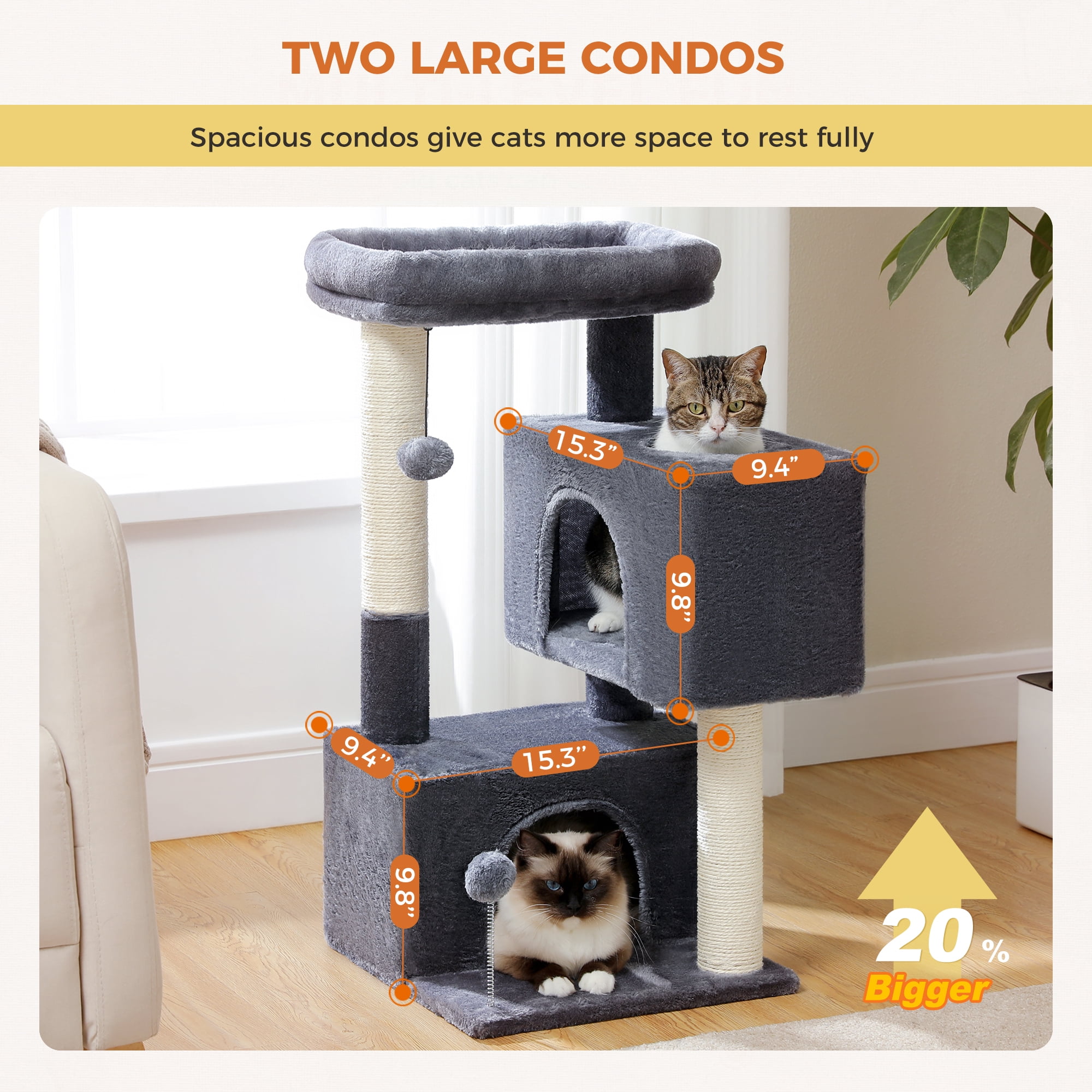 PEQULTI 31.5" Modern Cat Tree Tower with Dual Large Condos for Kitten ＆ Medium Size Cat Dark Gray