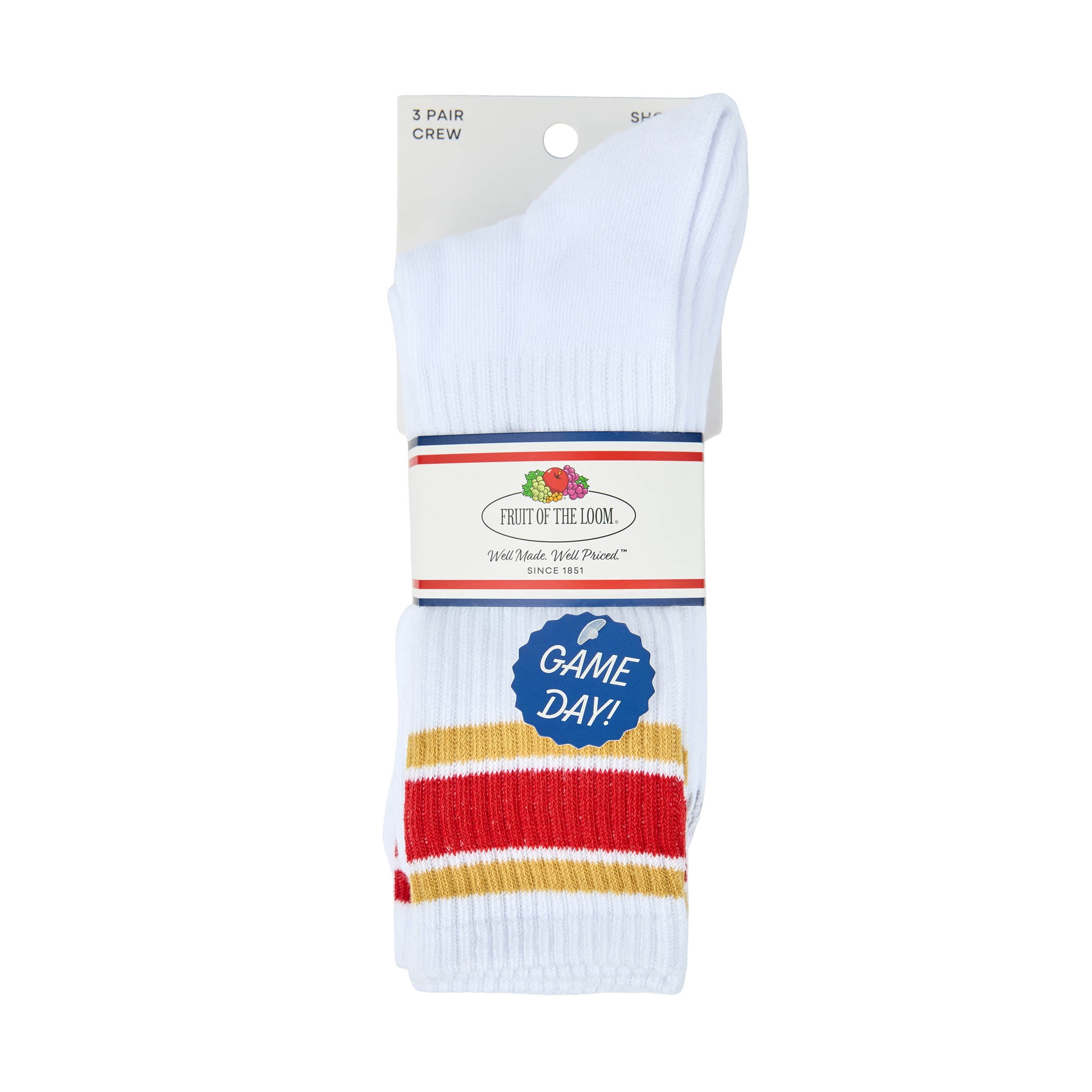 Fruit of the Loom Mens Gameday Crew Socks, 3-Pack, Sock Sizes 6-12