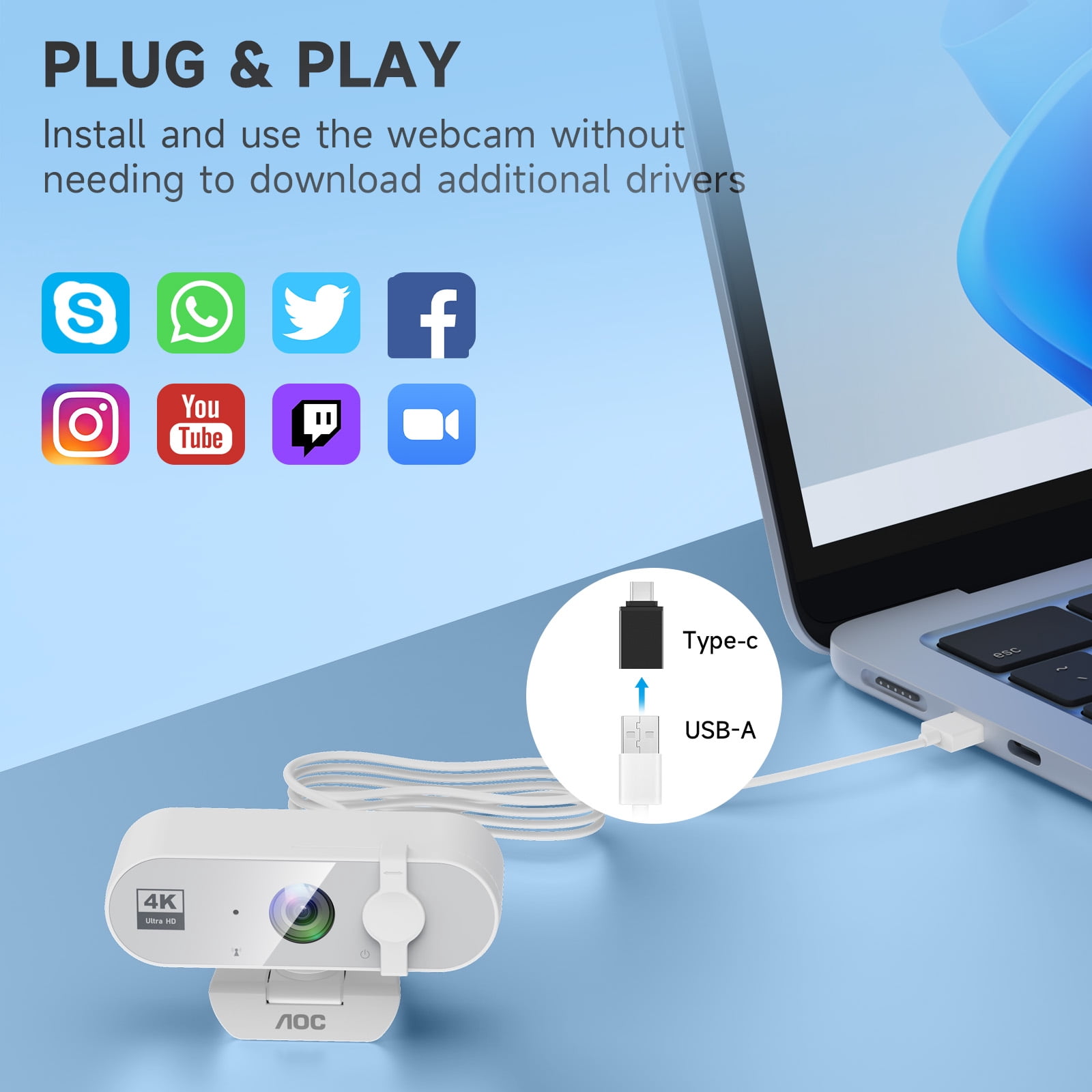 AOC 4K Webcam for PC with Noise Canceling Mic, Privacy Cover, 99° FOV, USB Plug and Play Computer Camera for Laptop Streaming Office, White
