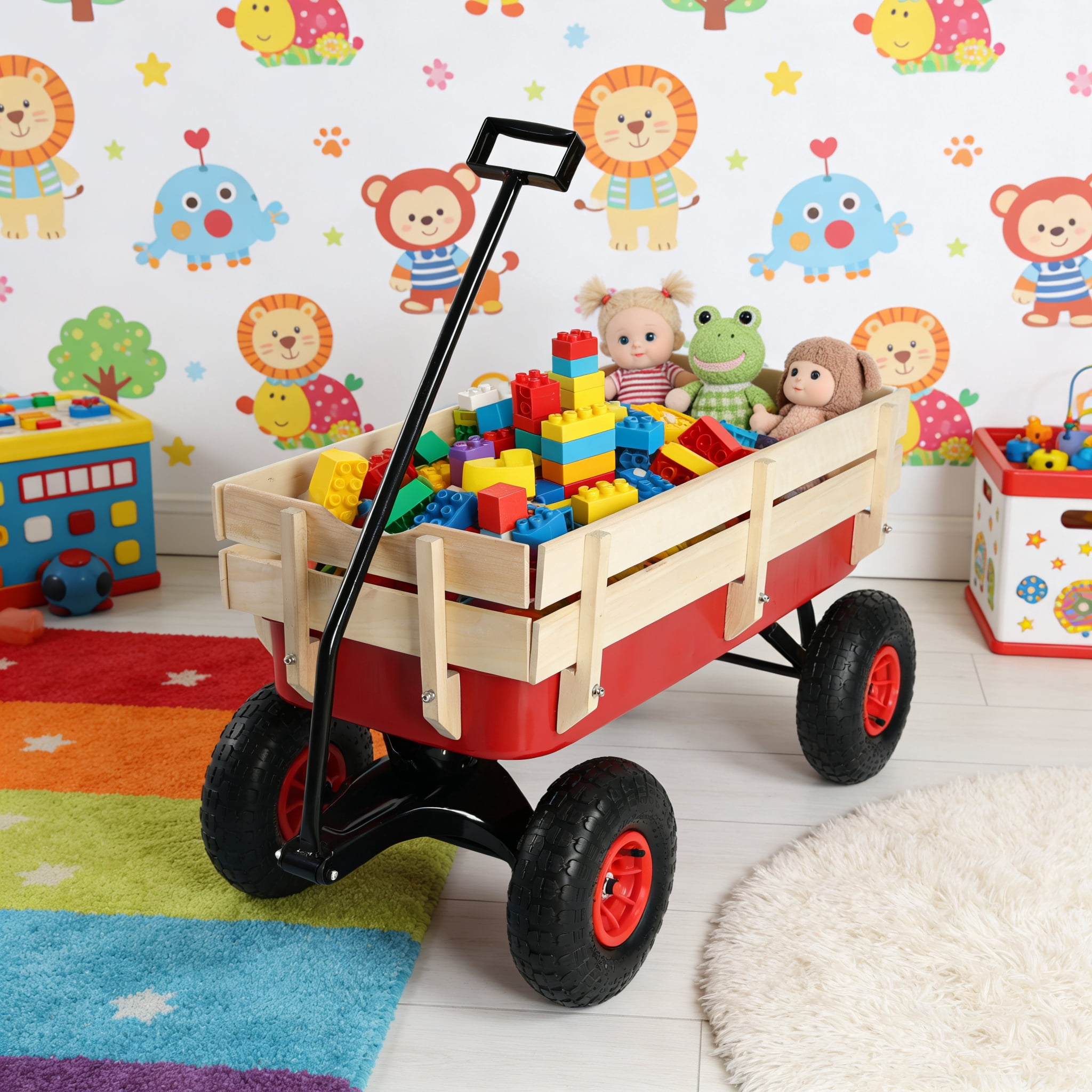 Outdoor Sport Wagon Tools Cart Wooden Side Panels 10 Inch Air Tires Heavy Duty Utility Cart 176LBS Capacity for Garden Camping Beach