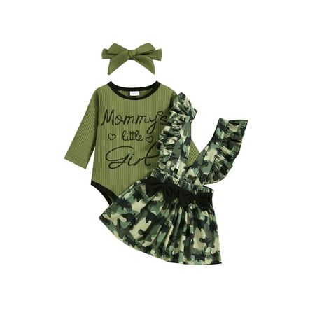 

Canrulo Newborn Baby Girl 3pcs Clothes Long Sleeve Letter Romper Tops Ruffles Camouflage Suspender Skirt Headband Sets Camouflage 12-18 Months