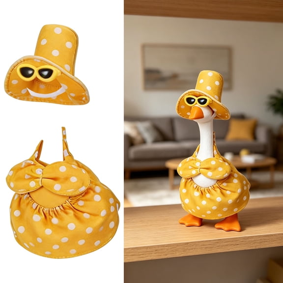 Winter Poetry Upgrade Yellow Polka Dot Mini Goose Beach Outfit, 3Pcs Summer Figurine Costume Set,7in Small Porch Goose Decor,5.91x2.80in