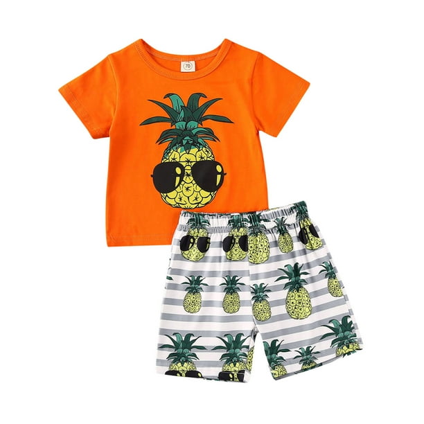 Ropa de verano para bebés 2 piezas Camisetas de manga corta con estampado de piña Conjunto de pantalones cortos de playa para niños pequeños XBTCLXEBCO 18-24 meses, Anaranjado