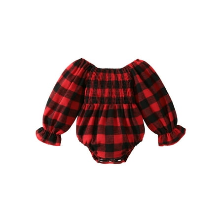 

Ma&Baby Toddler Baby Girls Christmas Romper Long Sleeve Off-shoulder Pleated Plaid Bodysuit