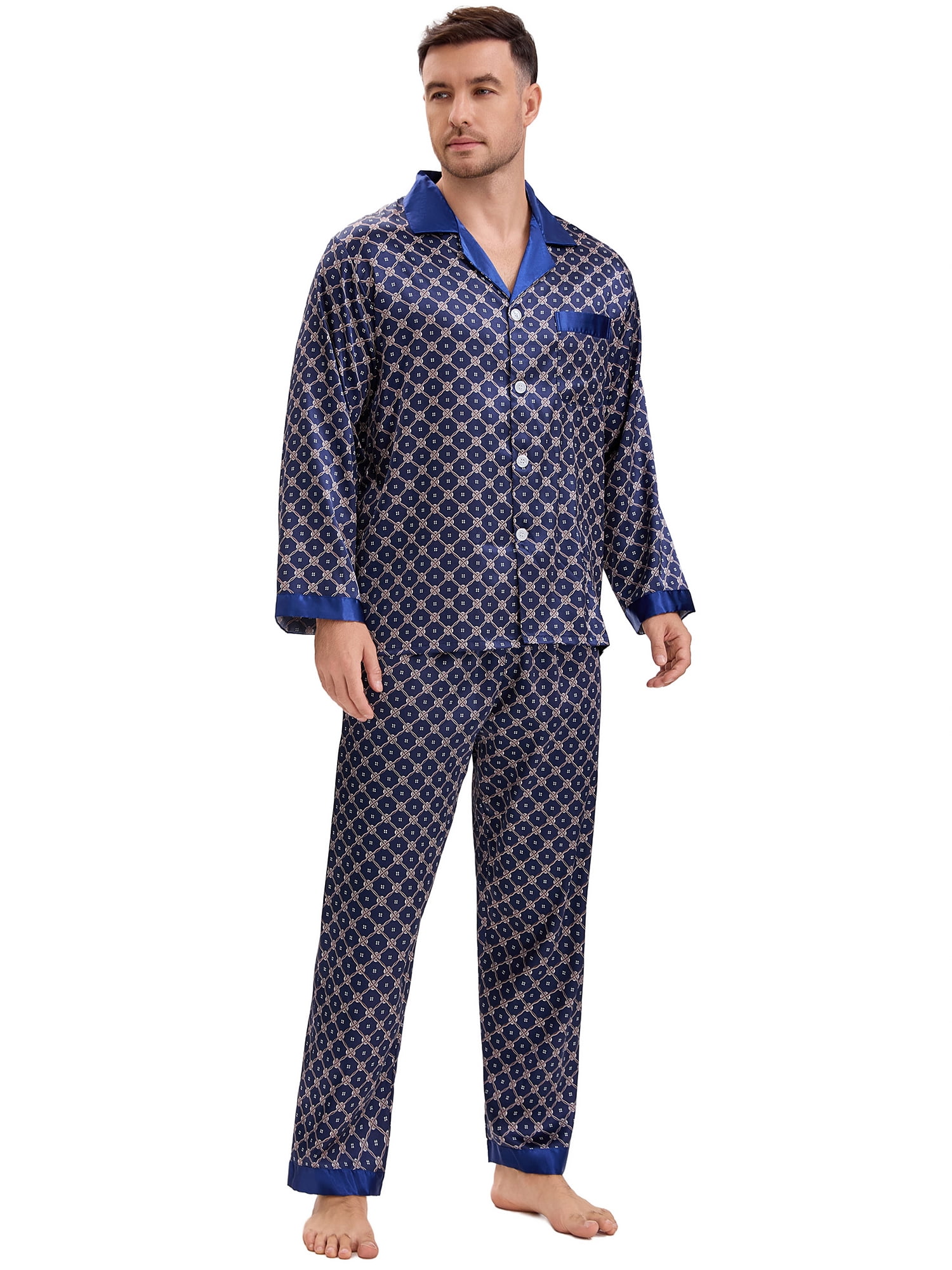 DARING DIVA Men's 2-Piece Button Down Printing Sleepshirt Pajamas Set XL Dark Blue