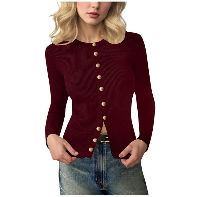 WRKEKC Sweaters for Women Fall Winter Slim Fit Solid Color Knit Buttoned Long Sleeve Crew Neck Sweater Top for Layering & Daily Wear