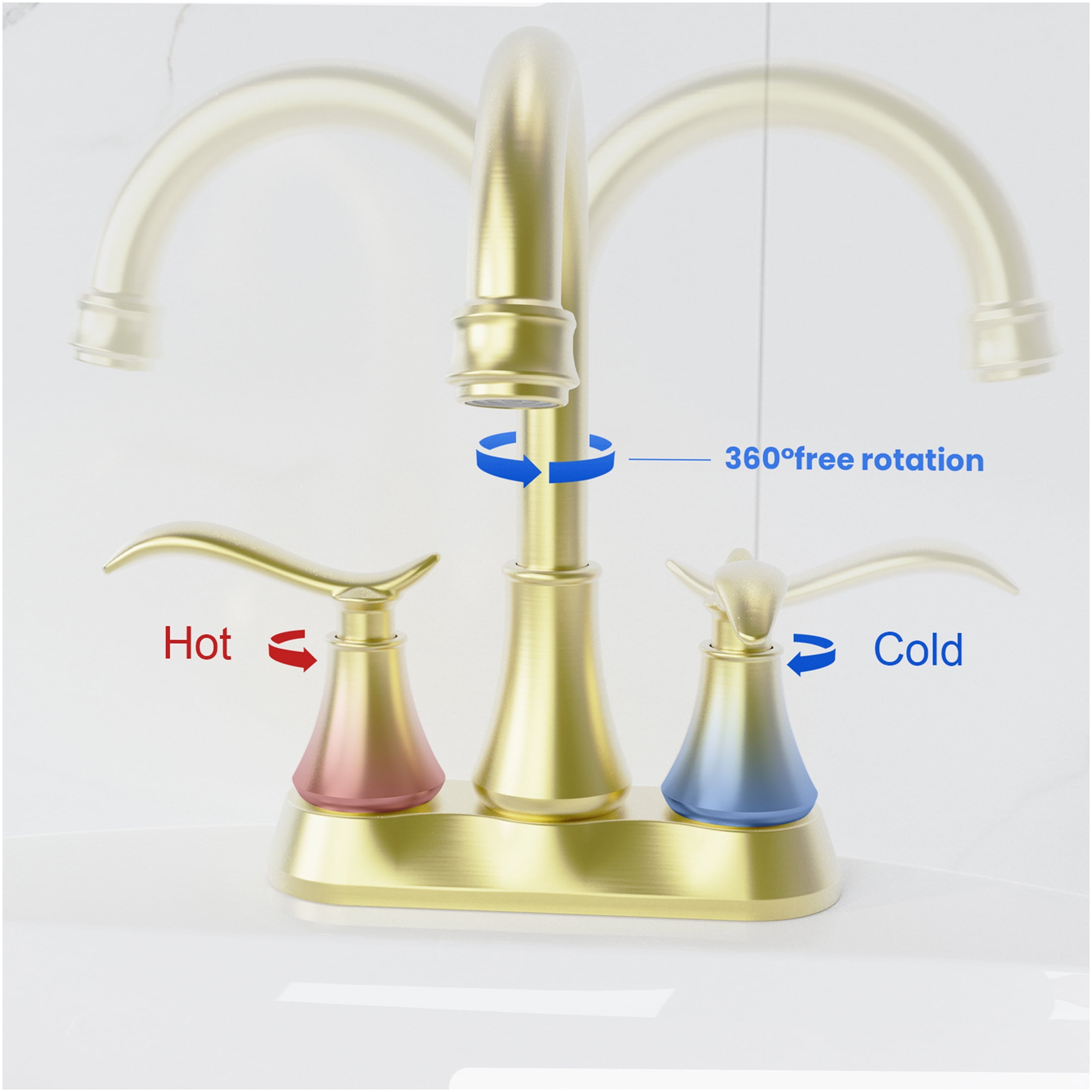 JERFIT 4 inch Centerset Bathroom Sink Faucet with Drain, Brushed Gold 2-Handle High Arc Swivel Spout, Water Saving Deck Mount Vessel Vanity Faucet